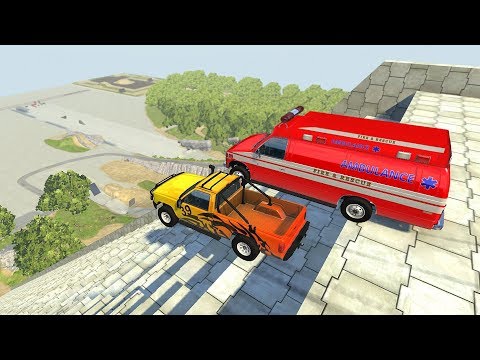 Crazy Vehicle Insane Stairs Jumps Down - BeamNG drive Giant Stairs Jumps