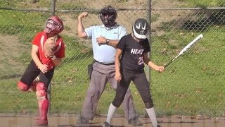 preview picture of video 'Emily Burrow: Catcher - 1st Base Throw Down Pick Off  Vs SoCal Heat. Fast Pitch Softball. Great Oak'