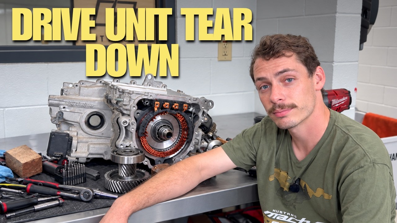 Disassembled Hyundai Ioniq 5 electric drive unit on a workshop bench