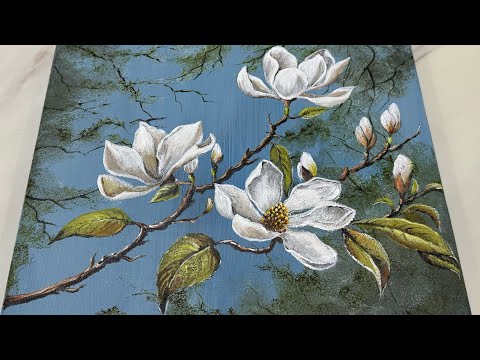 White Magnolia Acrylic Painting ||  Step by Step Tutorial