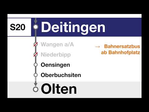 SBB Ansage • S20 • Deitingen ohne Halt in Wangen a/A und Niederbipp (Ersatzbus ab Bahnhofplatz)