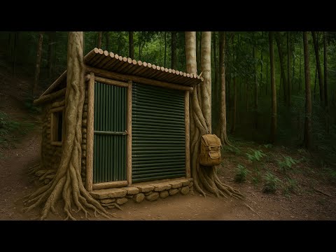 Building a Cozy Secret Stone Cabin Between Two Giant Trees. Bushcraft Survival Shelter