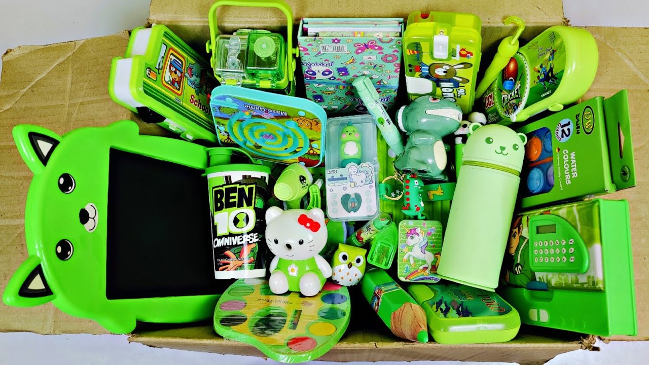 Green Stationary Collection🥰Pen, Sharpener, Eraser, Geometry, Board, Pouch, Coloring Kit, Bottle