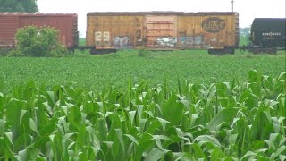 preview picture of video 'Southern Pacific unit and LEF&C boxcar on UP manifest at Nevada, Iowa'