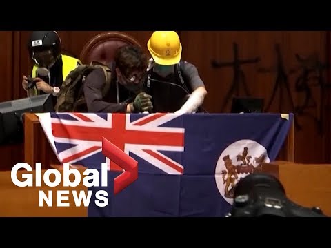 Protesters hang 'Union Jack' flag inside Hong Kong legislature