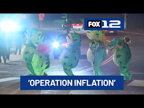 Protesters use ‘whimsy’ and inflatable costumes to deflate tension near Portland ICE building