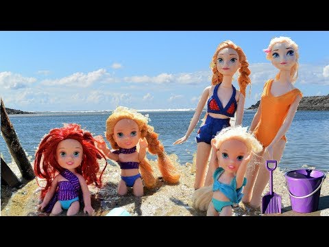 Elsa and Anna Toddlers Super Beach Day ! Vacation Sandcastle Swimming Pool -  Ariel Tiana Toys Dolls