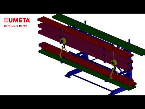 We show some animations of how our GUSTOS cantilever racks work. These can easily be loaded and unloaded from above with the hall crane. You do not need a forklift, so the racks in your warehouse can be close together. Each of the levels / cantilevers can be swung out individually. 