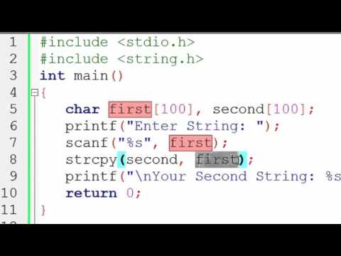 Copy first string onto second string using strcpy function