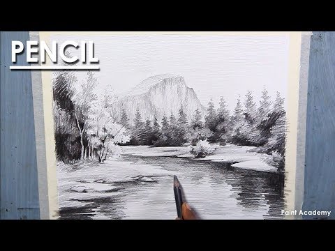 Mountains and Pine Tress Watercolor Pencil Landscape Drawing | steps to follow