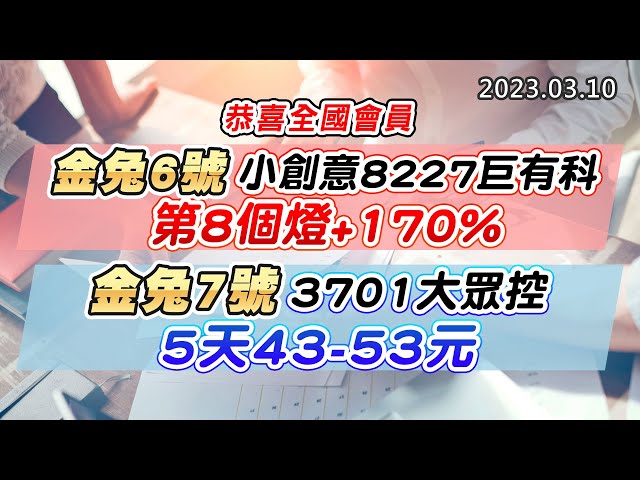 20230310《股市最錢線》#高閔漳 恭喜全國會員，金兔6號，小創意8227巨有科，第8個燈+170%；金兔7號，3701大眾控，5天43-53元