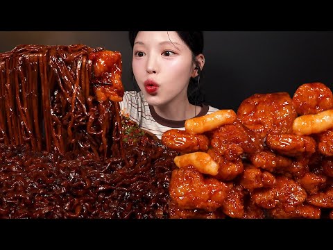 Crispy Seasoned Spicy Chicken with Jjajang Ramen & Kimchi Mukbang ASMR