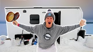 TINY Home Ice Hut WINTER Camping! (walleye fishing)