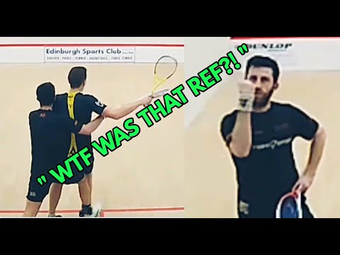 SQUASH. Daryl Selby mad at referee NO LET decision on match ball
