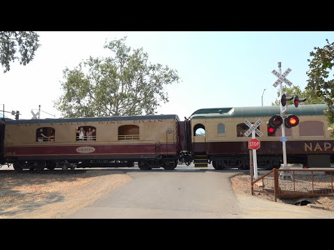 NVRR 5076 Leads Napa Valley Wine Lunch Train North, Mills Ln. Railroad Crossing, St. Helena, CA