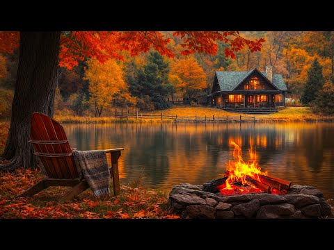 Cozy Lakeside Campfire in Autumn Forest 🍁🔥 Birdsong & Soothing Fall Nature Ambience for Calm Evening