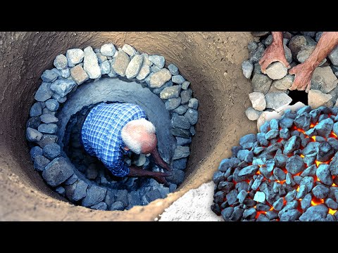HORNO DE CAL artesanal en el monte. Elaboración con piedra caliza y arbustos secos | Documental