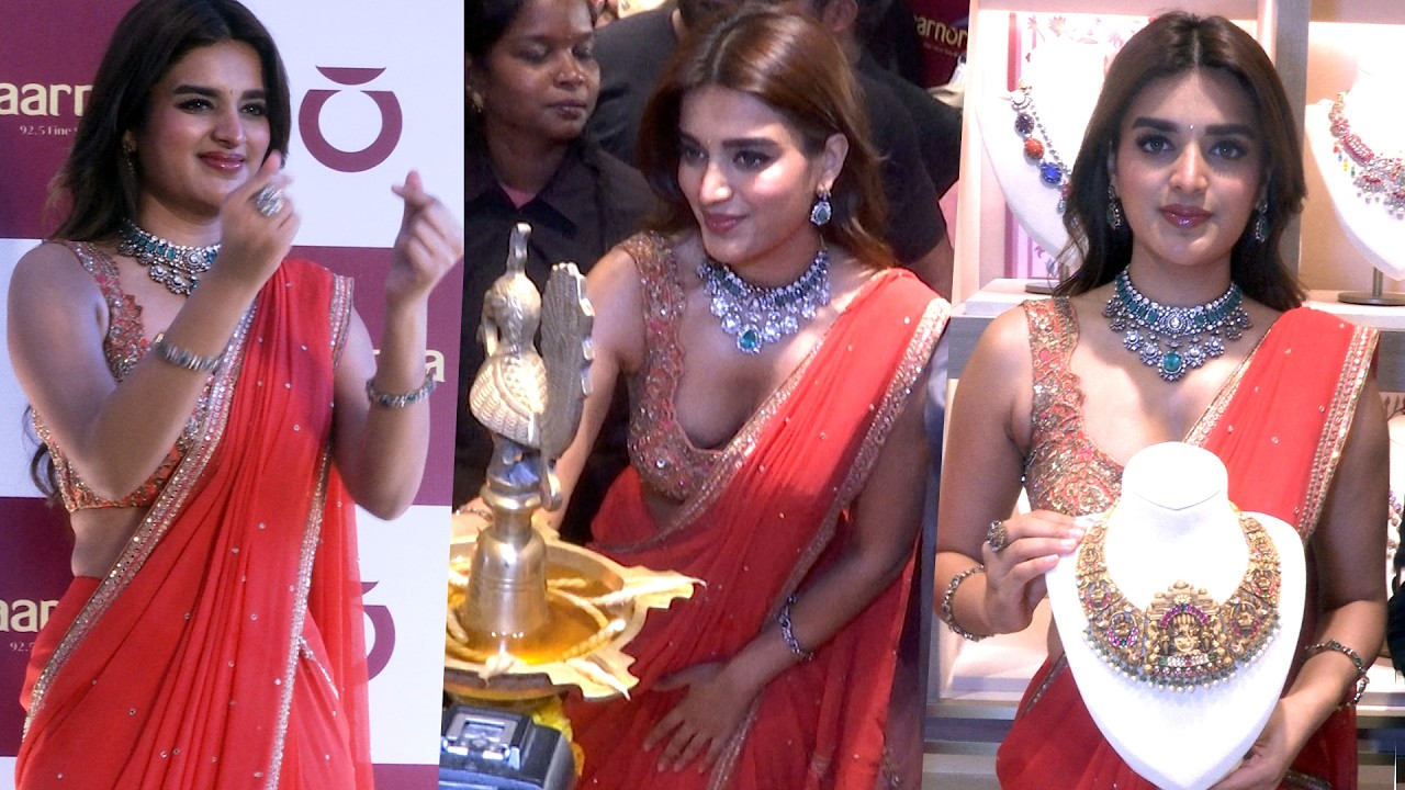 Nidhhi Agerwal’s Bold Deep Neck Saree Look Lights Up Jewellery Launch Event