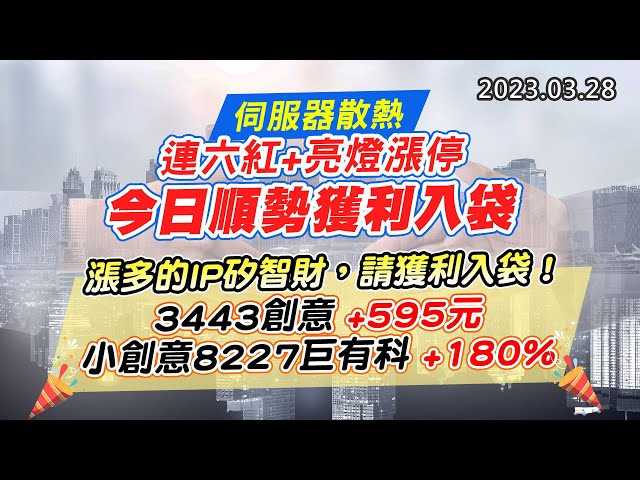 20230328《股市最錢線》#高閔漳 伺服器散熱，連六紅+亮燈漲停，今日順勢獲利入袋” “漲多的IP矽智財，請獲利入袋！3443創意+595元；小創意8227巨有科+180%