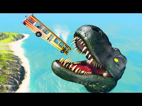 Jumping Car Into Mouth Huge Gorgosaurus - Beamng Drive TrainWorld