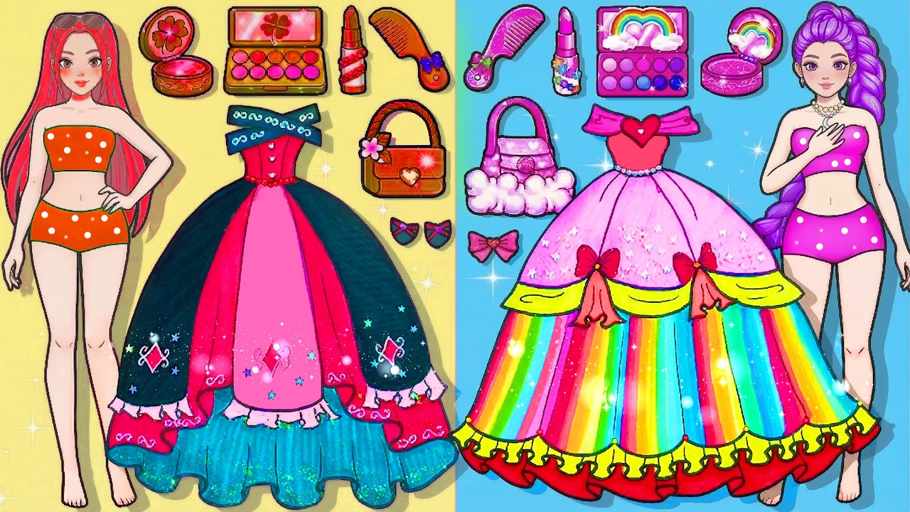 Pink VS Red Paper Dolls 💗💚 RUMI MIRA Makeup And Dress Up Fashion Play set Handmade   Paper DIY