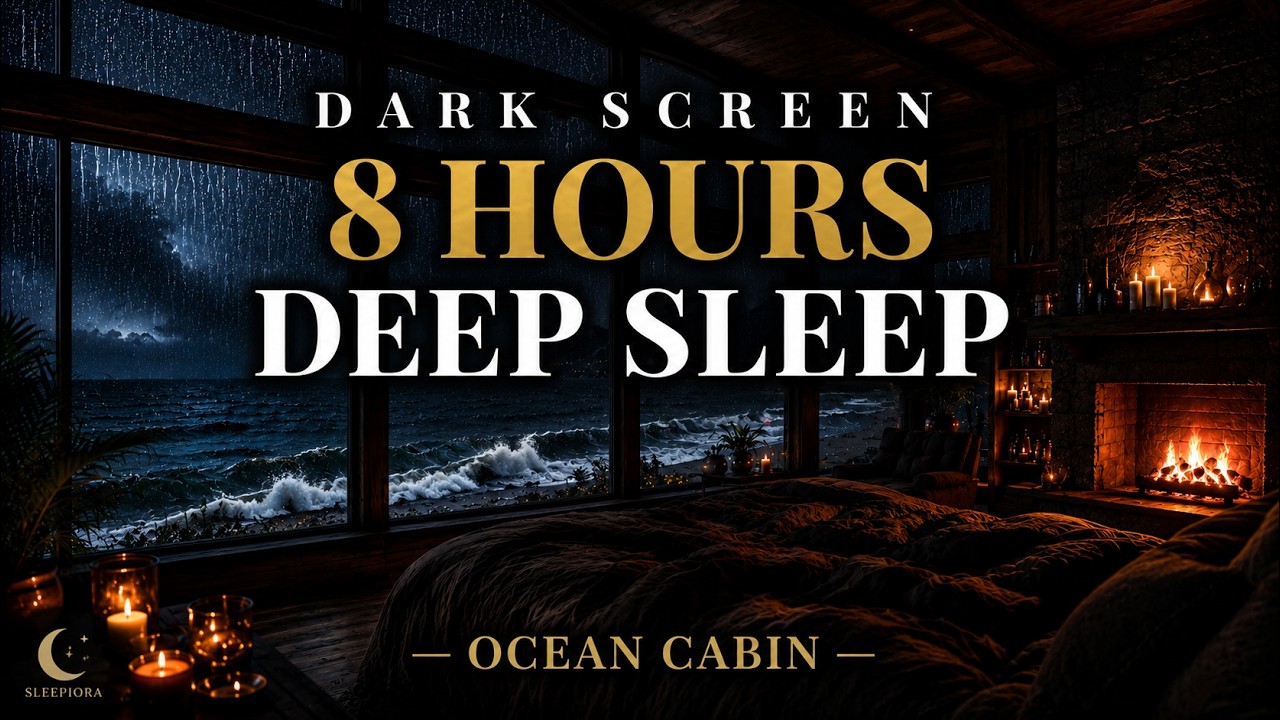 Dark Screen Rain & Fireplace | Ocean | 8 Hours | No Ads