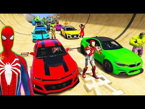 SPIDERMAN CARS Mario Ramp JUMP Challenge ! SUPERHERO HULK IronMan Trevor and Friends Stunt - GTA V