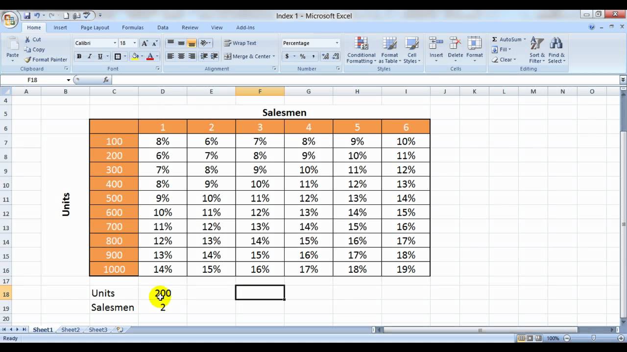 Index Formula in Excel 1st Variation