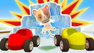 The kitten needs help! Helper Cars help animals. Racing cars for kids. Full episodes of cartoons.