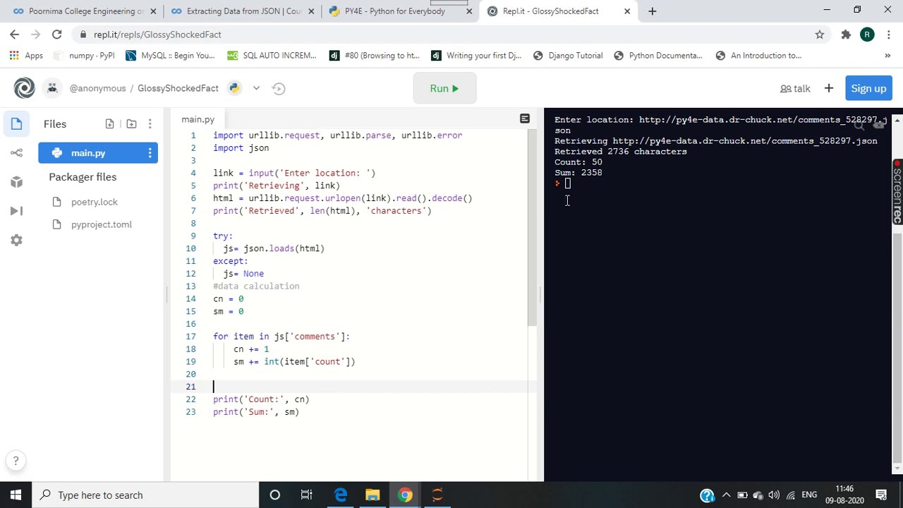 using python to access web data // week 6// part 1// extraction data from JSON