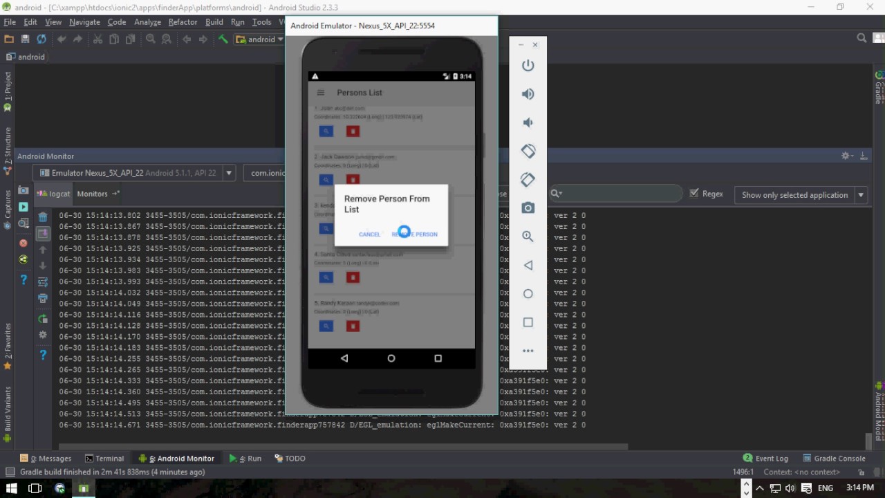 Person Finder app in Ionic 2 Framework running  in Android Studio Emulator