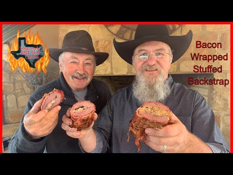 Bacon Wrapped Deer Loin Stuffed With Wild Hog Sausage, Mushrooms, Onions, And Cream Cheese