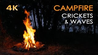 4K Campfire by the Sea - Crickets &amp; Ocean Waves - Night Forest Nature Sounds - Relaxing Fireplace