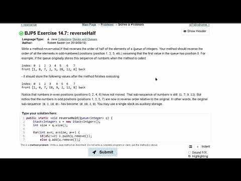 Java Practice It | Exercise 14.7: reverseHalf | Collections, #stacks and #queues , stacks, queues
