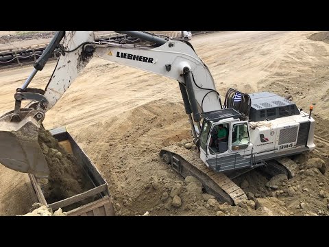 Liebherr 984 Excavator Loading MAN And Mercedes Trucks - Labrianidis Mining Works