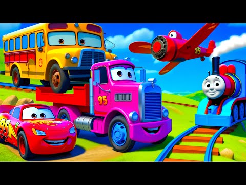 Monster Trucks Potholes Flatbed Long Trailer Truck Car Rescue Bus - Cars vs Trains - BeamNG.drive