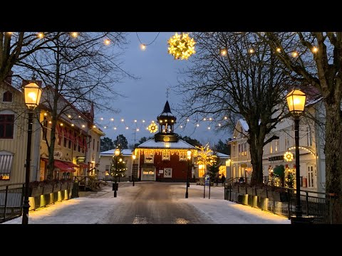 Sweden Walks: Trosa. Picturesque small town with snow and Christmas lights