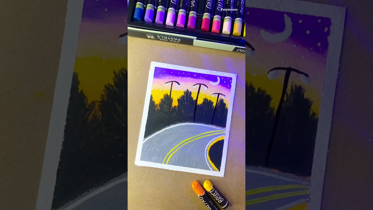🌅Easy Road Scenery Painting | Sunset Landscape with Oil Pastels #art #painting #drawing