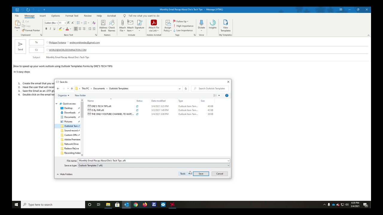 How to Create an Outlook Email Templates with destination emails, subject and body already prefilled