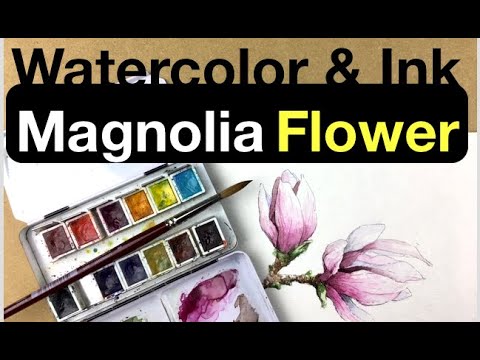 Beginner Watercolor with Pen Ink Exercise | Draw and paint a magnolia flower