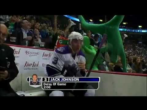 Vancouver Canucks Green Men Fans in RootSuits Upside down mocking opposition player.mp4