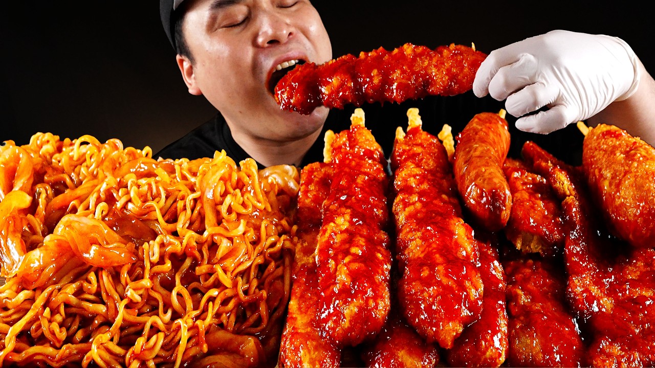 입맛 돋구는 불닭볶음면과 닭꼬치, 소세지등 여러가지 꼬치 먹방~!! Hot Chicken Flavor Ramen, Chicken Skewers