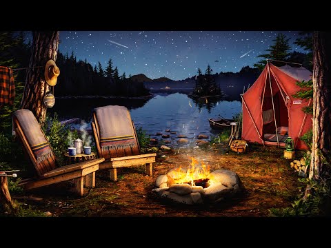 Campfire by the Lake Ambience with Crickets, Owls, Water, \u0026 Night Sounds for Relaxation \u0026 Sleep