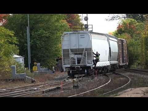 Brantford, Ontario, Canada local freight train backs into rail yard. Locomotives 4716 & 4906 pushing