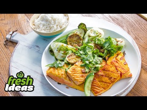 Crispy BBQ Salmon Recipe with Char-Grilled Pak Choy