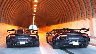 Two Lamborghini Huracan STOs ripping through tunnels PURE SOUND!