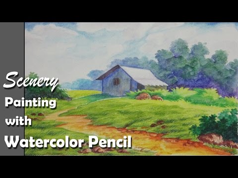 Mountains and Pine Tress Watercolor Pencil Landscape Drawing | steps to follow