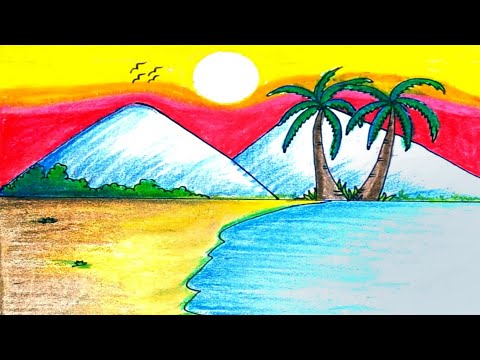 Drawing Sunset Scenery for beginners–How to draw beautiful Sunset in the beach step by step