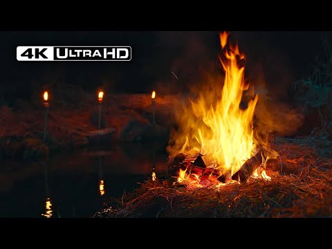 Relaxing 4K Night Campfire by the River 🔥 100% Authentic Sounds