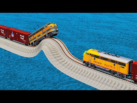 Train vs Train vs Impossible Bump Rail Crossing Deepwater - BeamNG.Drive